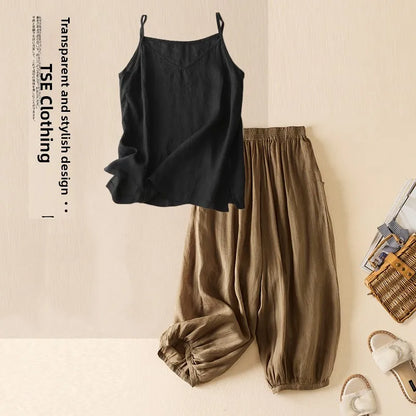 Summer Casual Cotton Linen Double Layer Lantern Pants Loose Elastic Waist Pure Color Wide Leg Harem Trousers for plus Size Women