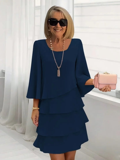 Women's Fashion Cake Skirt 3/4 Bell Sleeve Crewneck Tiered Layered Flowy Dress Party Wedding Outfits