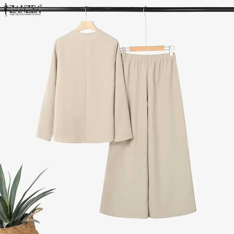 2026 ZANZEA Spring 2 Piece Sets Fashion Women Long Sleeve Tops Pants Sets Casual Solid Outfits Work Tracksuit Wide Leg Trousers