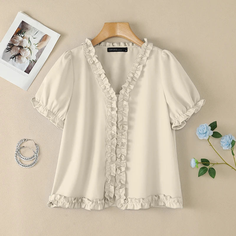 ZANZEA Elegant Ruffled Trim Blouses for Woman V-Neck Short Puff Sleeves Solid Color Tops Summer Casual Date Nights Blusas Mujer