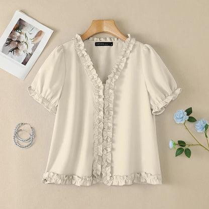 ZANZEA Elegant Ruffled Trim Blouses for Woman V-Neck Short Puff Sleeves Solid Color Tops Summer Casual Date Nights Blusas Mujer