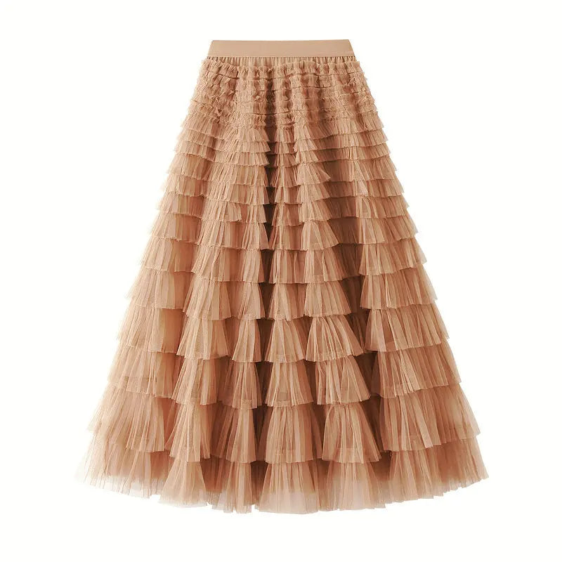 HOT Solid Multilayer Ruffle Mesh Skirt Women Boho High Waist Long Maxi Tulle Skirt Spring Summer Party Women's Clothing