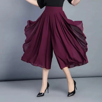 Women's Chiffon Wide-leg Pants for Spring and Summer—lightweight, High-waisted Culottes Available in Red,Green,Black,Blue,Camel.