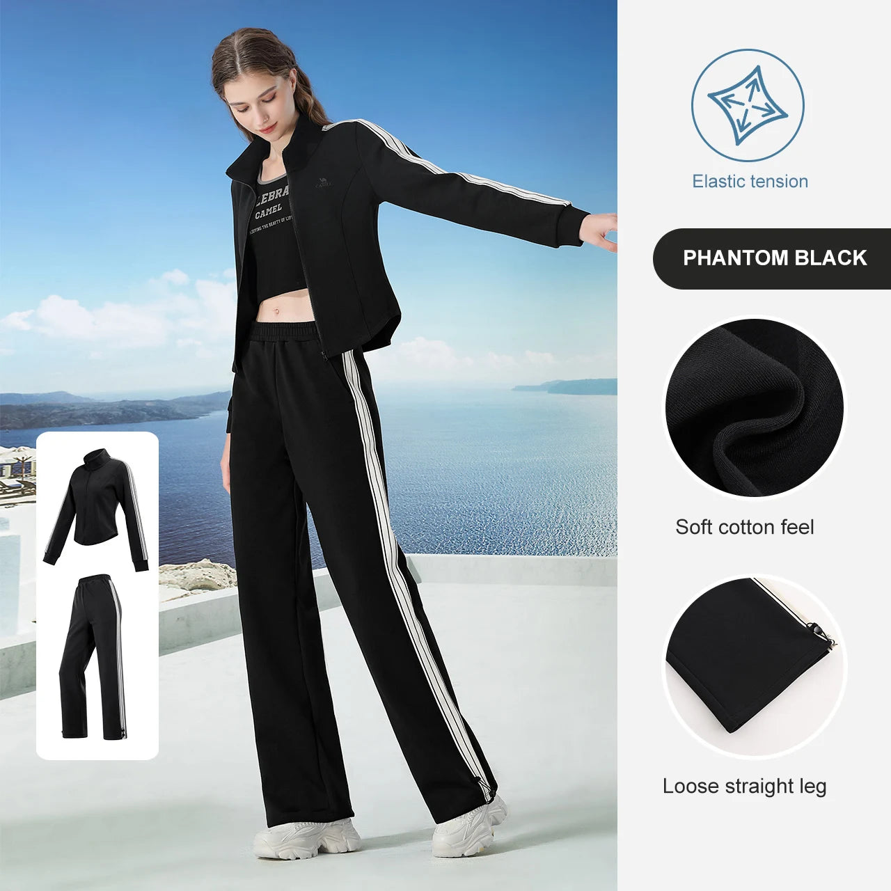 GOLDEN CAMEL Women's Sports Suit Fashion Slim Fitness Gym Two-piece Jogging Suit Stand Collar Casual Long Sleeve T-shirts Pants