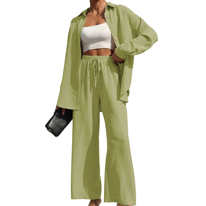 Women's Solid Button Front Shirt & Tie Front Wide Leg Pants Two-piece Set, Casual Drop Shoulder Long Sleeve Blouse Top & Trouser