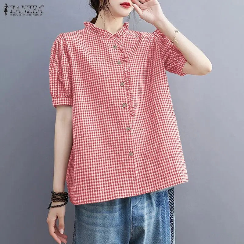 ZANZEA Woman Summer 2026 Gingham Shirts Elegant Ruffled Collar Short Puff Sleeves Button Up Checked Tops Women's Clothes S-3XL