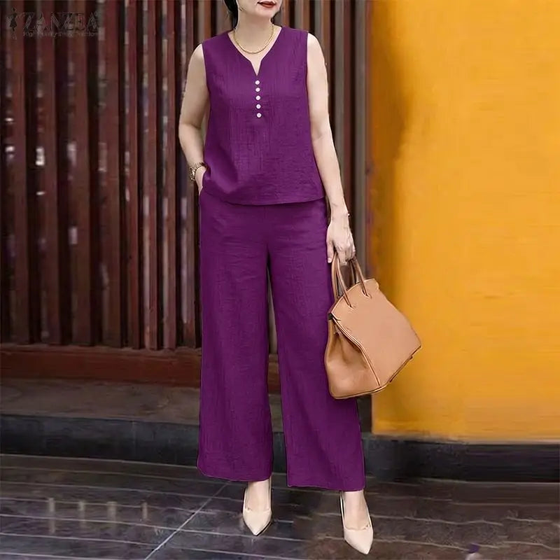 ZANZEA Fashion Summer 2 Pieces Sets Women V Neck Sleeveless Tanks Tops Trousers Suit Casual OL Work Pant Sets Solid OL Tracksuit