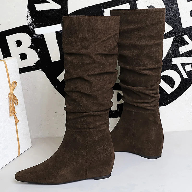BIGTREE Shoes Women Knee-High Boots Pleated Design Suede Long Boots Pointed Women's Boots Comfortable Autumn And Winter Boots