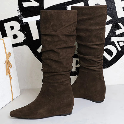 BIGTREE Shoes Women Knee-High Boots Pleated Design Suede Long Boots Pointed Women's Boots Comfortable Autumn And Winter Boots