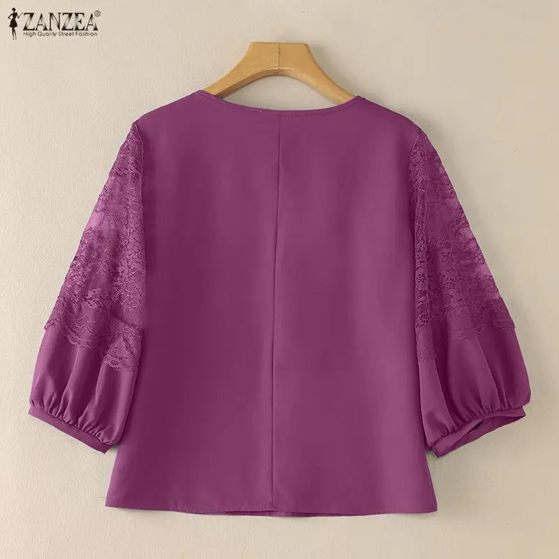 ZANZEA Woman Elegant Lace Patchwork Blouses Lace-Up O-Neck Lantern Sleeves Solid Color Sheer Tops Summer Everyday Wear Blusas