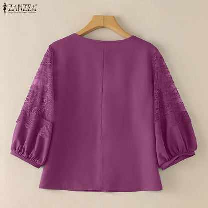 ZANZEA Woman Elegant Lace Patchwork Blouses Lace-Up O-Neck Lantern Sleeves Solid Color Sheer Tops Summer Everyday Wear Blusas