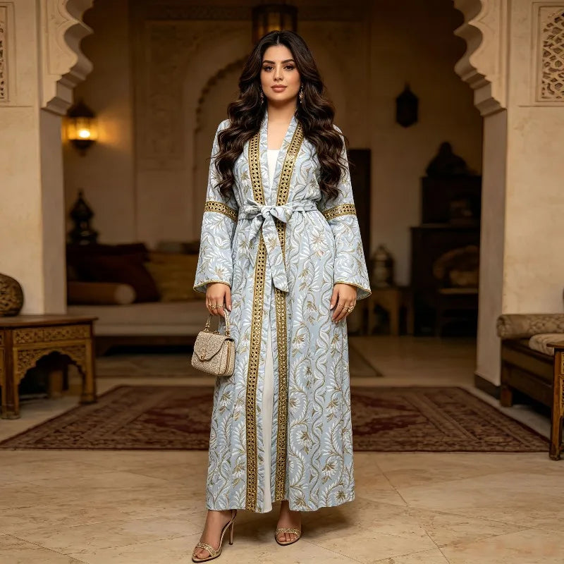 Turkey Muslim Embroidery Abaya Dress 2 Piece Set  Women Ramadan Eid Mubarak Kaftan Dubai Vestidos Pakistani Arab Caftan Robe