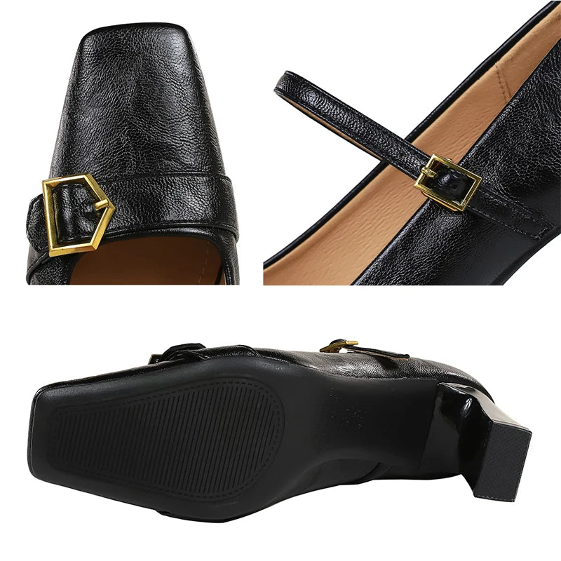 BIGTREE Shoes Metal Belt Buckle Women Pumps Square Head High Heels Thick Heeled Shoes With Women Heels 7 CM Retro Ladies Pumps