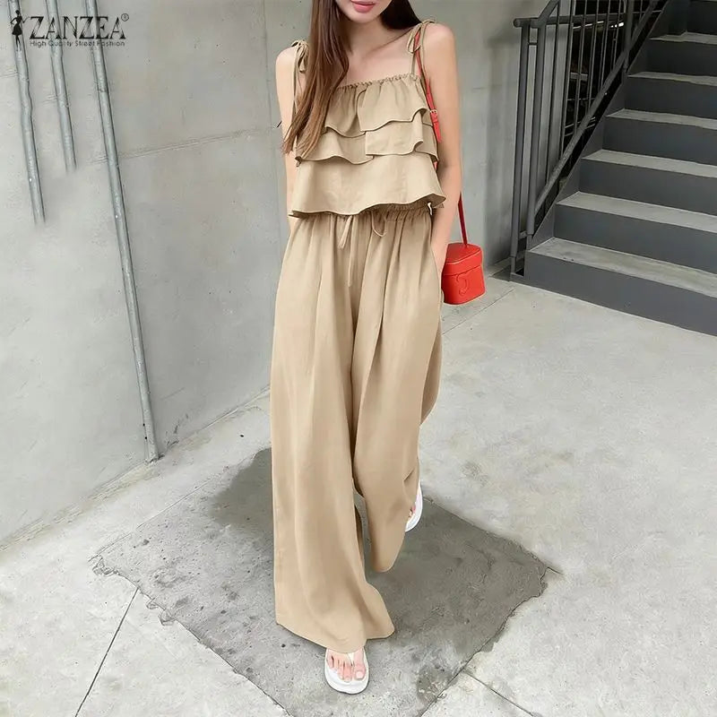 Korean Summer Sleeveless Strap Tanks Tops Pant Sets ZANZEA Women 2 Pieces Sets Solid Work Tracksuit 2026 Casual Holiday Outfits