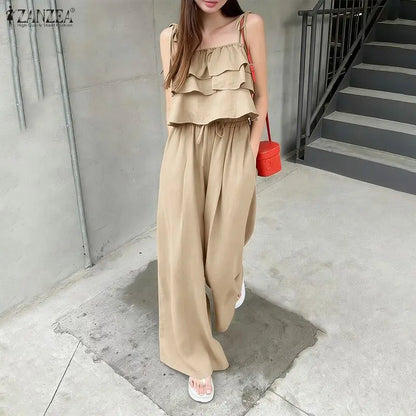 Korean Summer Sleeveless Strap Tanks Tops Pant Sets ZANZEA Women 2 Pieces Sets Solid Work Tracksuit 2026 Casual Holiday Outfits
