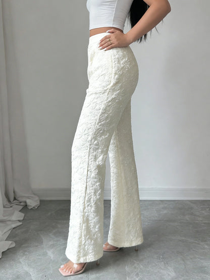 Women's Apricot Wide Leg Pants 3D Floral Embossed High Waist Flared Pants Elegant Casual Spring Summer Vacation Office Trousers