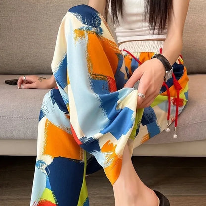 Women Colorful Graffiti Print Wide Leg Pants, Elastic Waist Drawstring Loose Trousers, Summer Casual Streetwear