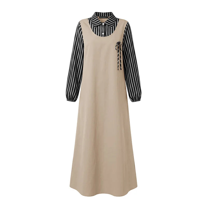 Women Stirped Patchwork Muslim Abaya Dress ZANZEA Ramadan Robe Elegant Maxi Long Dress Full Sleeve Loose Dubai Sundress Kaftan