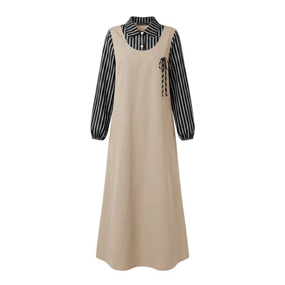 Women Stirped Patchwork Muslim Abaya Dress ZANZEA Ramadan Robe Elegant Maxi Long Dress Full Sleeve Loose Dubai Sundress Kaftan