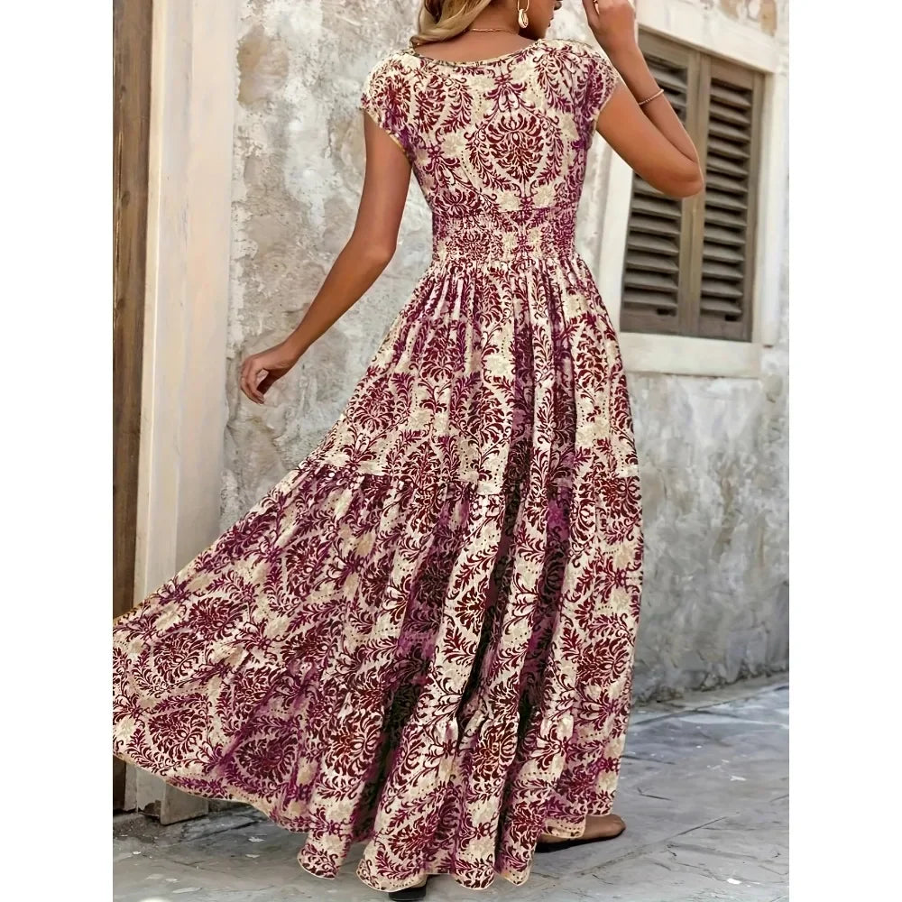 Plus Size Women's Bohemian Floral Print V-Neck Short Sleeve Dress Oversized Ruffled Skirt For Women Casual A-line Long Dresses