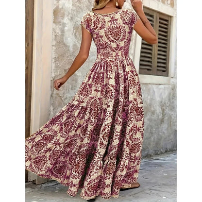 Plus Size Women's Bohemian Floral Print V-Neck Short Sleeve Dress Oversized Ruffled Skirt For Women Casual A-line Long Dresses