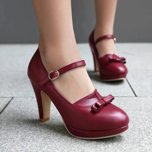 Sweet Women's High Heels Pumps Big Size 48 Lolita Mary Janes Shoes Blue Black Red Pink Heeled Office Wedding Shoes for Girls