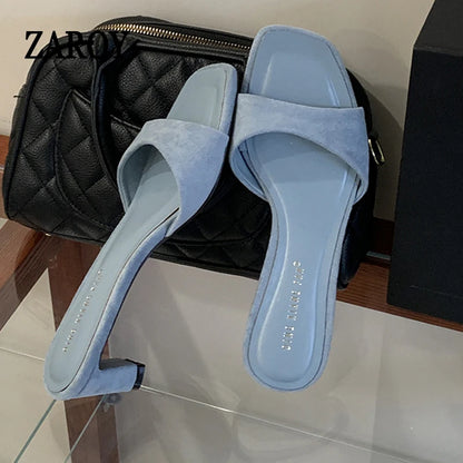 Casual Pull On Square High Heel Slippers Women Summer Footwear Suede Light Blue Backless Slide Brand Designer Party Dress Shoes