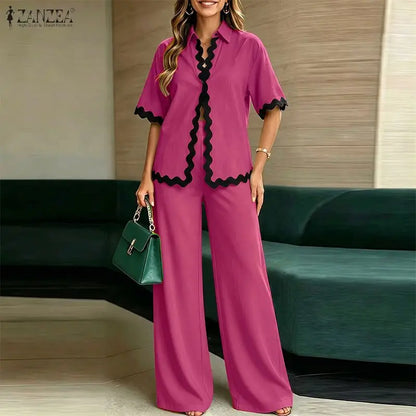 Stylish Women 2 Pieces Sets ZANZEA Summer Lapel Neck Short Sleeve Blouse Trousers Suit Contrast Color Wave Cut Office OL Outfits