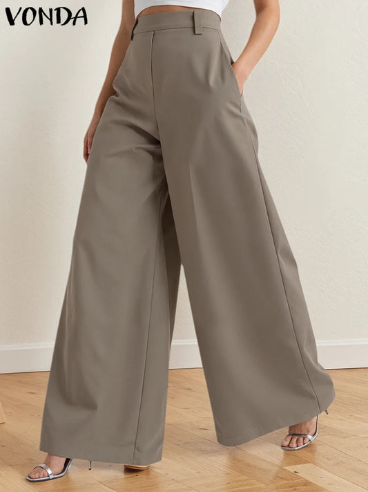 Women Long Trousers VONDA Plus Size Pants Elastic Waist Casual Korean Style Pockets 2025 Fashion Solid Vintage OL Work Bottoms