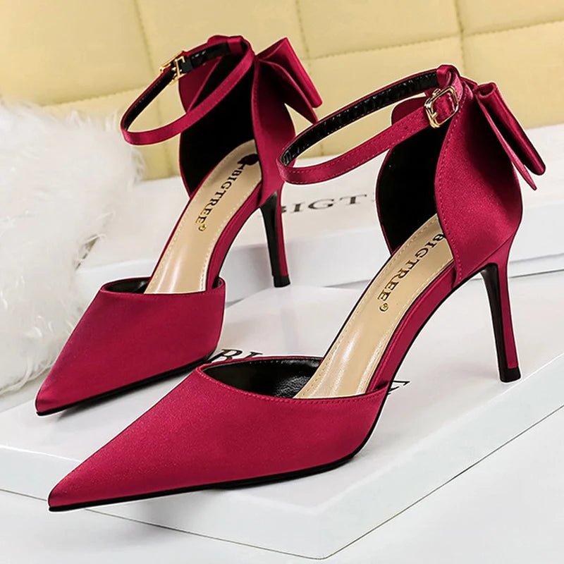 BIGTREE Shoes Bow Woman Pumps Silk High Heels Women Shoes Stiletto Red Wedding Shoes Women Heels Women Sandals 8cm and 10cm