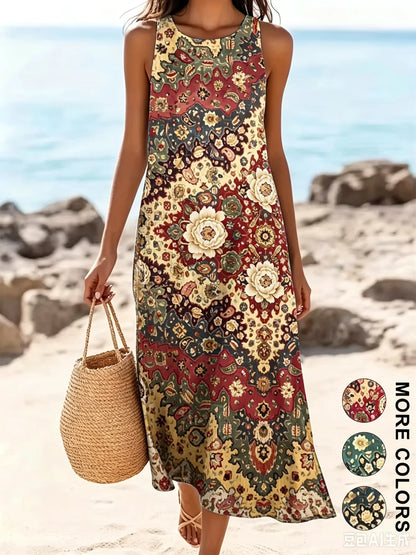 2026 Women's Sleeveless Bohemian Floral Casual Beach MIDI Sundress With Pockets Flowing and Loose Sweetheart Rustic Country