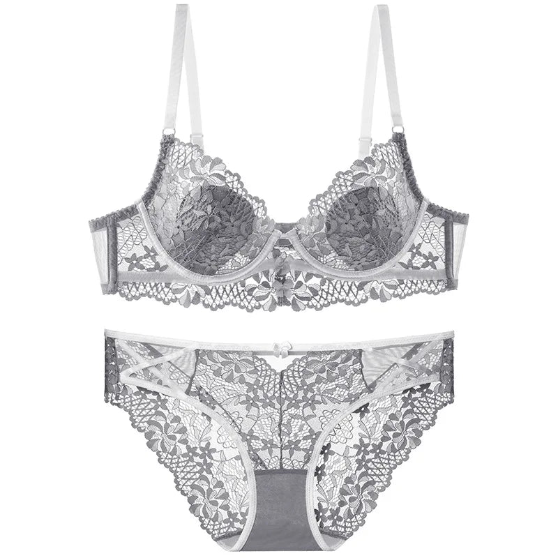 New Women Lingerie Set Sexy Lace Push Up Bra French 3/4 Thin Cup Bralette Cute Bow Decoration Underwear Comfort Bras Briefs Sets