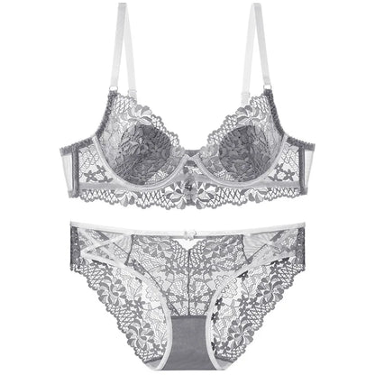 New Women Lingerie Set Sexy Lace Push Up Bra French 3/4 Thin Cup Bralette Cute Bow Decoration Underwear Comfort Bras Briefs Sets
