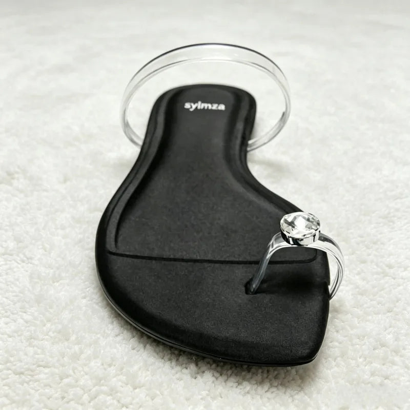Shiny Rhinestone Decorated Flat Sandals Women Fashion Transparent PVC Clip Toe Flip Flops Summer Light Comfortable Women Shoes