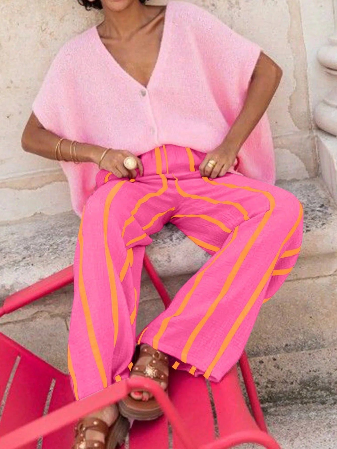 Women's Vertical Stripe Wide-leg Pants, Elastic Waist Pleated Casual Trousers, Resort Style Loose Slimming Floor-length
