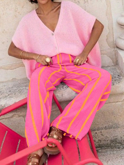 Women's Vertical Stripe Wide-leg Pants, Elastic Waist Pleated Casual Trousers, Resort Style Loose Slimming Floor-length
