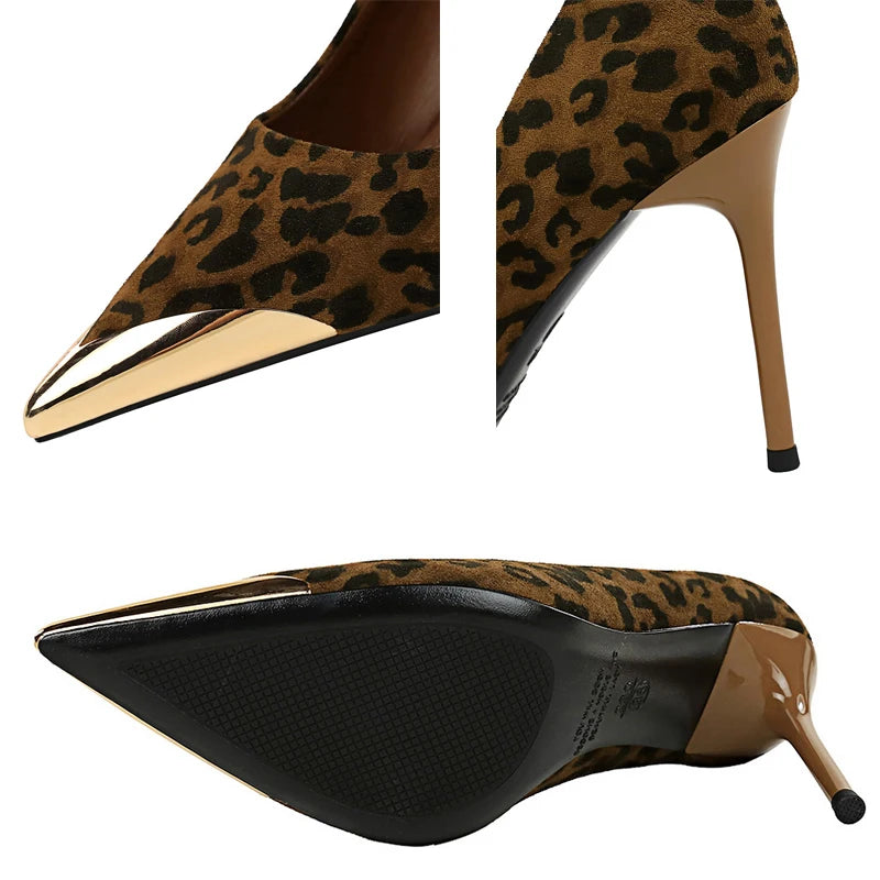 BIGTREE Shoes Leopard Women Pumps Stilettos Heels 9.5 cm Suede High Heels Metal Pointed Tip Women Heels Sexy Party Shoes ﻿Femal