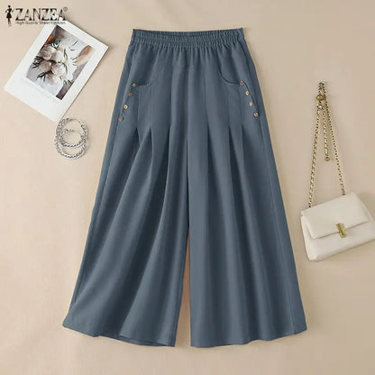 Women Casual Elastic Waist Pleated Trousers ZANZEA Solid Color Loose Wide Leg Pants Summer Capris Female Long Pant Oversize 2026