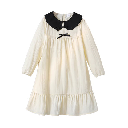 Spring/Summer Big Girl Knee Length Long Sleeve Dress Cute Baby Doll Collar Sweet Ruffle Hem Japanese and Korean Chic Easy Everyd
