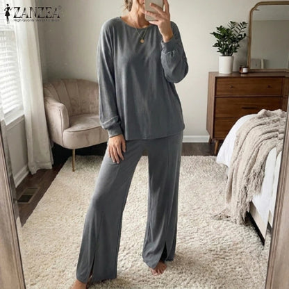 ZANZEA Plus Size-Women's Ribbed Knit Pant Suits Long Sleeve Tops & Slit Hem Wide-Leg Pants 2 Pieces Sets Cozy Loose Outfits 5XL