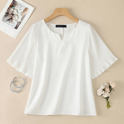 ZANZEA Woman Elegant Pleated Half Sleeves Patchwork Blouses V-Neck Solid Color Tops 2026 Summer Office Work Commute Blusas Mujer