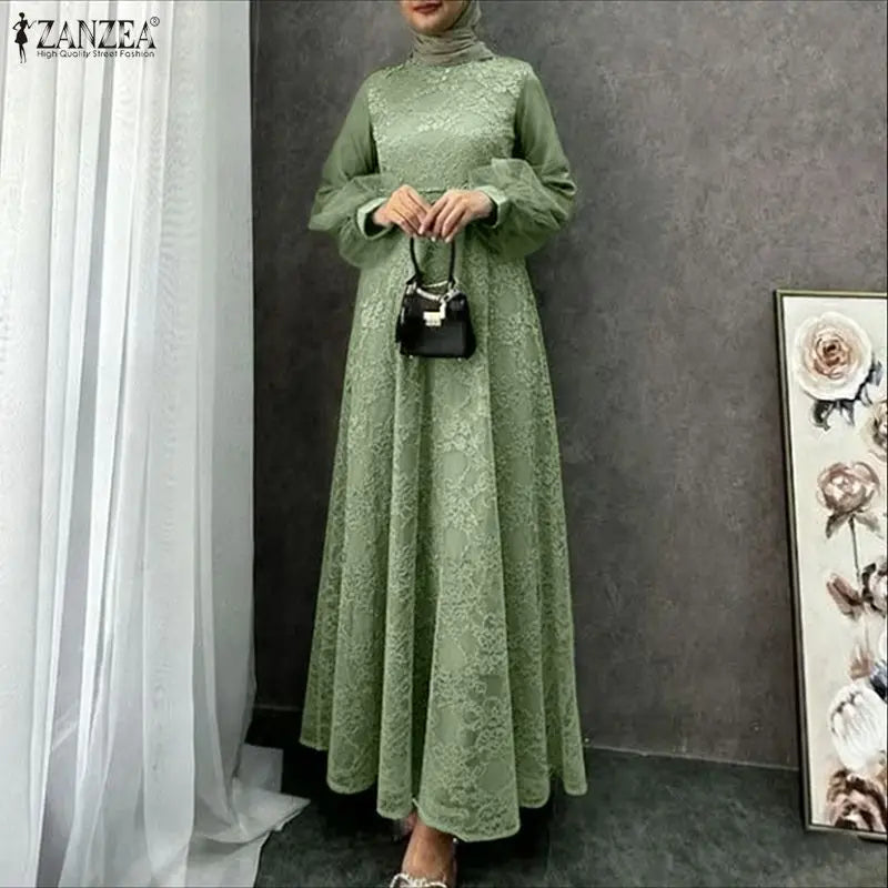 Fashion Muslim Abaya ZANZEA 2026 Spring Lace Patchwork Dresses Women Elegant Party Dress Long Sleeve Mesh Sundress Ramadan Robe
