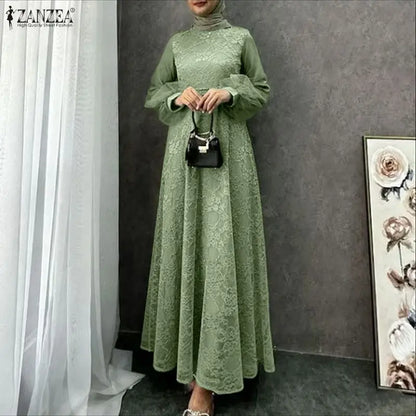 Fashion Muslim Abaya ZANZEA 2026 Spring Lace Patchwork Dresses Women Elegant Party Dress Long Sleeve Mesh Sundress Ramadan Robe