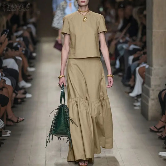 ZANZEA Fashion Dress Sets Women Summer 2PCS 2026 Elegant Short Sleeve Tops and Pleated Long Skirts Solid Outfits Streetwear 3XL