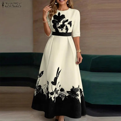 ZANZEA Stylish Floral Printed Dress Bohemian Women Maxi Long Dress Trend O Neck Half Sleeve Party Dresses Elegant Evening Gown