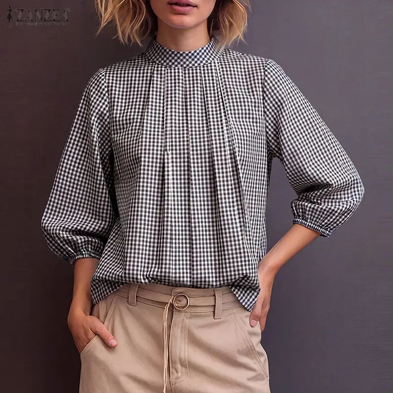 ZANZEA Vintage Gingham Pleated Blouses Woman Mock Neck 3/4 Lantern Sleeves Loose Tops 2026 Autumn Casual Daily Wear Blusas Mujer