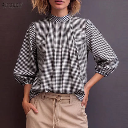 ZANZEA Vintage Gingham Pleated Blouses Woman Mock Neck 3/4 Lantern Sleeves Loose Tops 2026 Autumn Casual Daily Wear Blusas Mujer