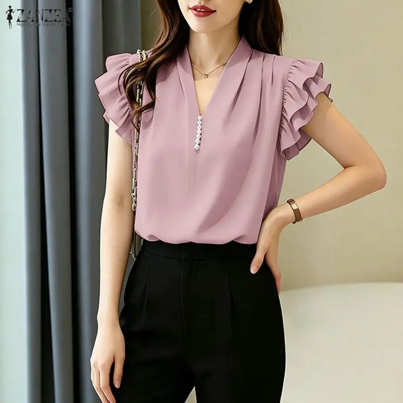 ZANZEA Women Sophisticated Elegant Flying Sleeves Blouses V-Neck Pearls Detail Solid Color Tops Summer Pleated Blusas de Mujer