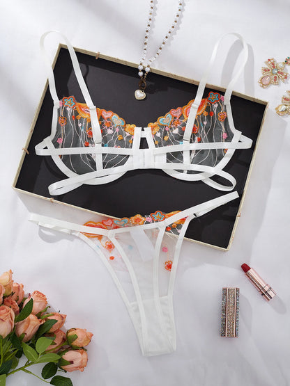 2026 Newest Thong Set Floral Embroidery Sexy Lingerie Set Women Thin-Transparent Bralette Underwire Bra Brief Set