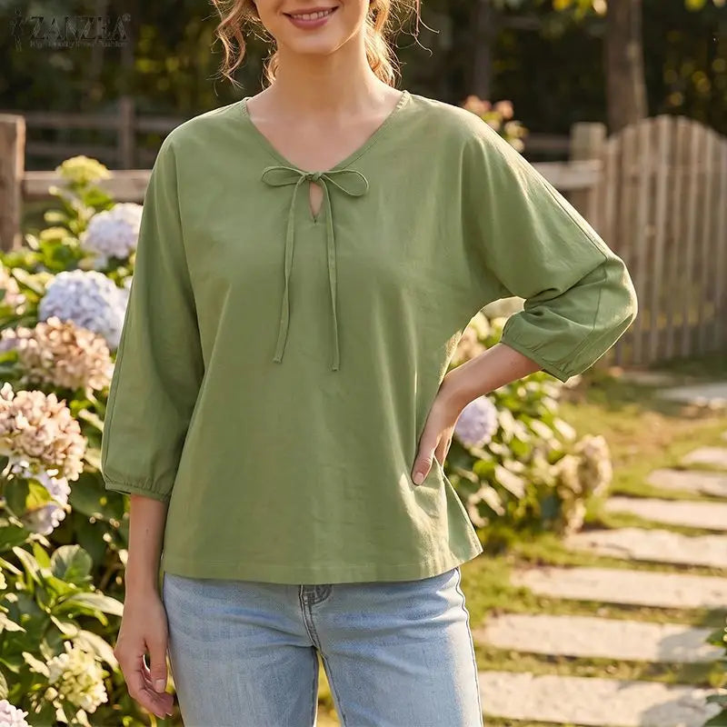 Summer Autumn Solid Color Tops ZANZEA Casual V Neck Blusas Women Blouse OL Work Tee 3/4 Sleeve Tunic Lace-up Streetwear Oversize